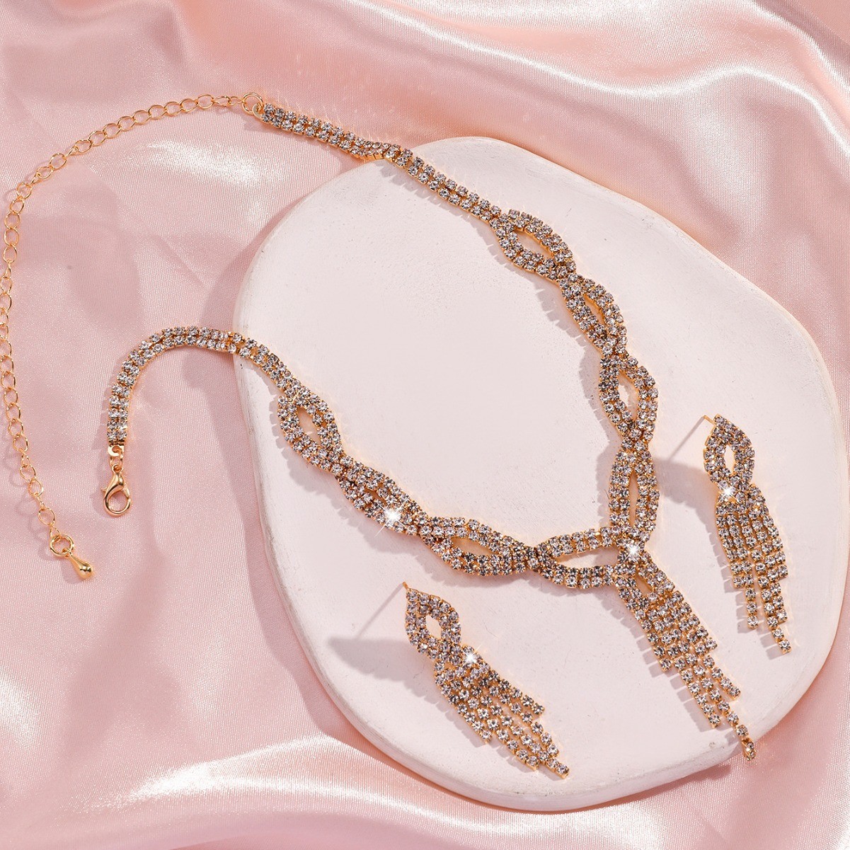 Women's Woven Rhinestone Necklace & Earrings Set